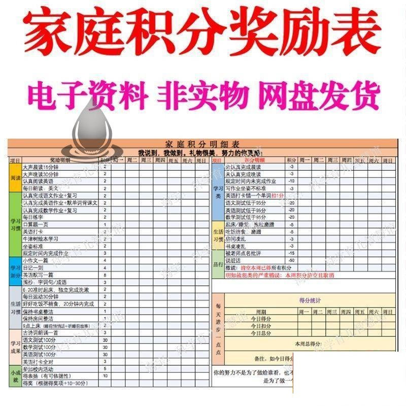B267家庭积分奖励儿童惩罚积分表小学生儿童自律表可打印电子模板-淘宝虚拟仓