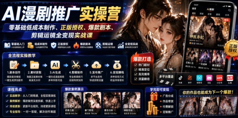 AI漫剧推广实操营|零基础低成本制作、正版授权、爆款剧本、剪辑运镜全变现实战课-淘宝虚拟货源网