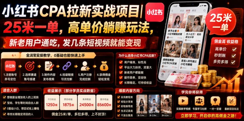 小红书CPA拉新实战项目|25米一单,高单价躺賺玩法,新老用户通吃,发几条短视频就能变现-淘宝虚拟货源网