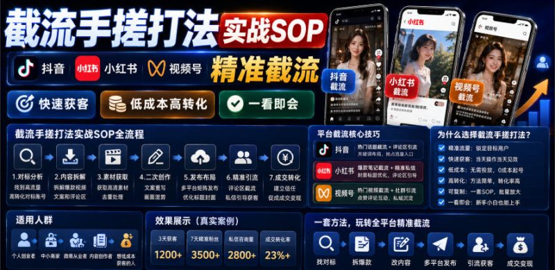 截流手搓打法实战SOP,抖音小红书视频号精准截流,快速获客,低成本高转化,一看即会-淘宝虚拟货源网