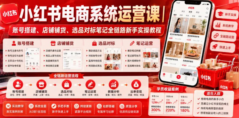 小红书电商系统运营课|账号搭建、店铺铺货、选品对标笔记全链路新手实操教程-淘宝虚拟货源网