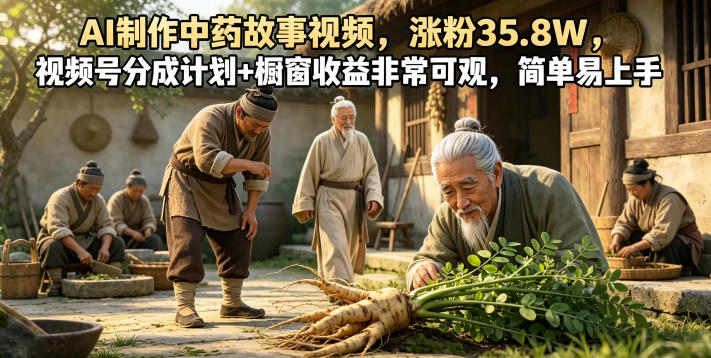 AI制作中药故事视频，涨粉35.8W，视频号分成计划+橱窗收益非常可观，简单易上手-淘宝虚拟货源网