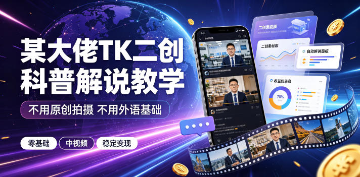某大佬TK二创科普解说教学,不用原创拍摄不用外语基础,零基础做TikTok中视频稳定变现-淘宝虚拟货源网