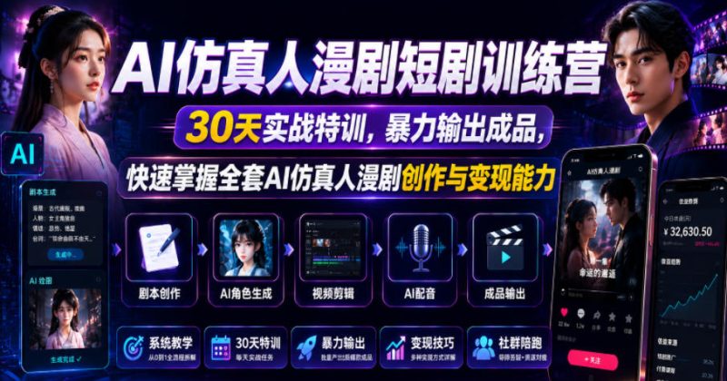 AI仿真人漫剧短剧训练营,30天实战特训,暴力输出成品,快速掌握全套AI仿真人漫剧创作与变现能力-淘宝虚拟货源网