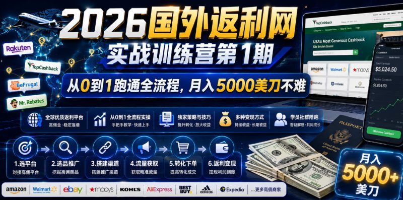 2026年国外返利网实战训练营第1期,从0到1跑通全流程,月入5000美刀不难-淘宝虚拟货源网