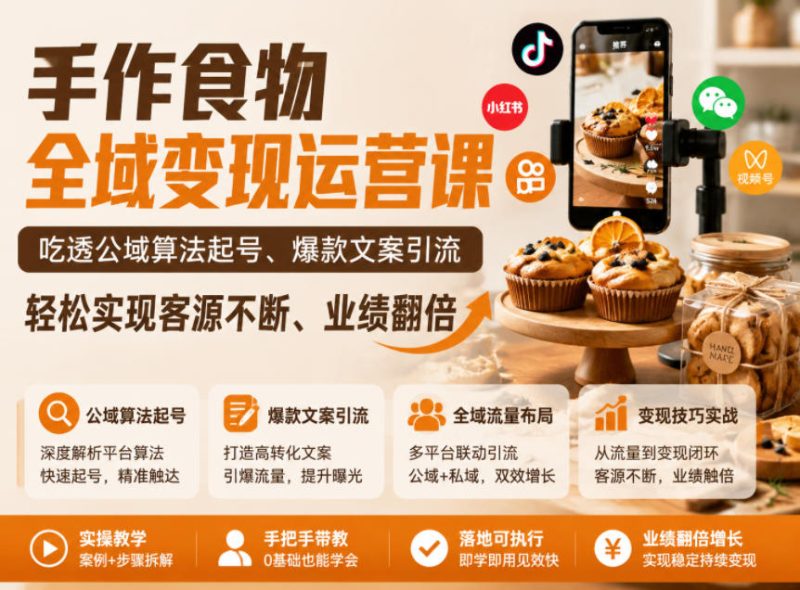 手作食物全域变现运营课，吃透公域算法起号、爆款文案引流，轻松实现客源不断、业绩翻倍-淘宝虚拟货源网