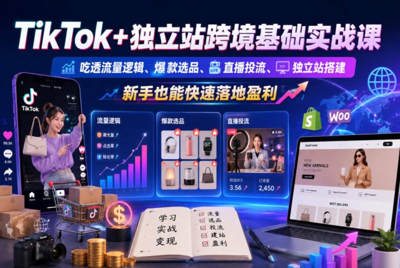 TikTok+独立站跨境基础实战课,吃透流量逻辑、爆款选品、直播投流与独立站搭建,新手也能快速落地盈利-淘宝虚拟货源网