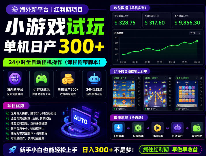 海外新平台,小游戏试玩,单机日产300+,24小时全自动挂G操作(课程附带脚本)【揭秘】-淘宝虚拟货源网