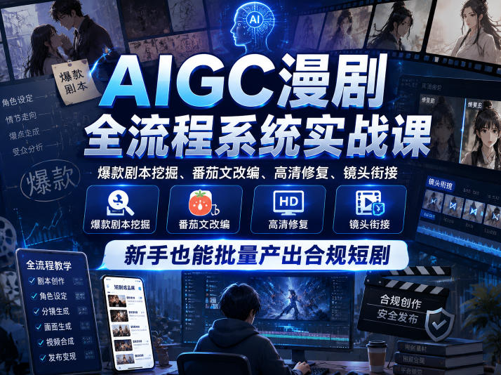 AIGC漫剧全流程系统实战课，爆款剧本挖掘、番茄文改编、高清修复、镜头衔接，新手也能批量产出合规短剧-淘宝虚拟货源网