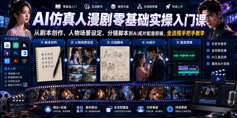 AI仿真人漫剧零基础实操入门课,从剧本创作、人物场景设定、分镜脚本到AI成片配音剪辑,全流程手把手教学-淘宝虚拟货源网