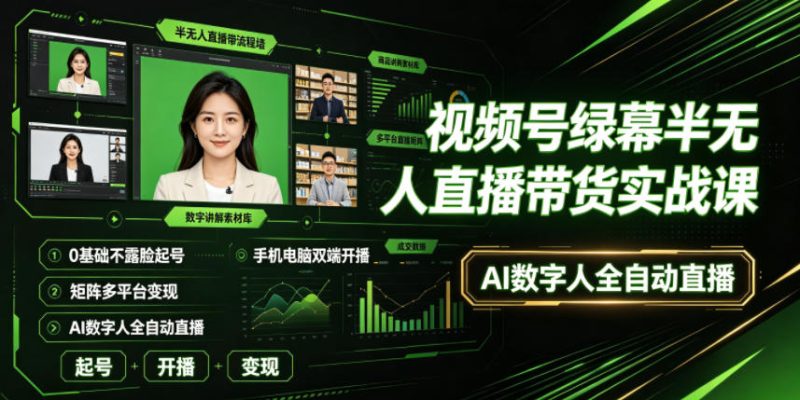 视频号绿幕半无人直播带货实战课|0基础不露脸起号、手机电脑双端开播、矩阵多平台变现、AI数字人全自动直播-淘宝虚拟货源网