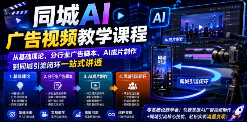 同城AI广告视频教学课程,从基础理论、分行业广告脚本、AI成片制作到同城引流闭环一站式讲透-淘宝虚拟货源网