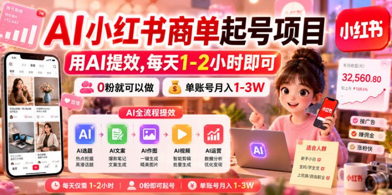 AI小红书商单起号项目,用AI提效,每天1-2小时即可,0粉就可以做,单账号月入1-3W-淘宝虚拟货源网