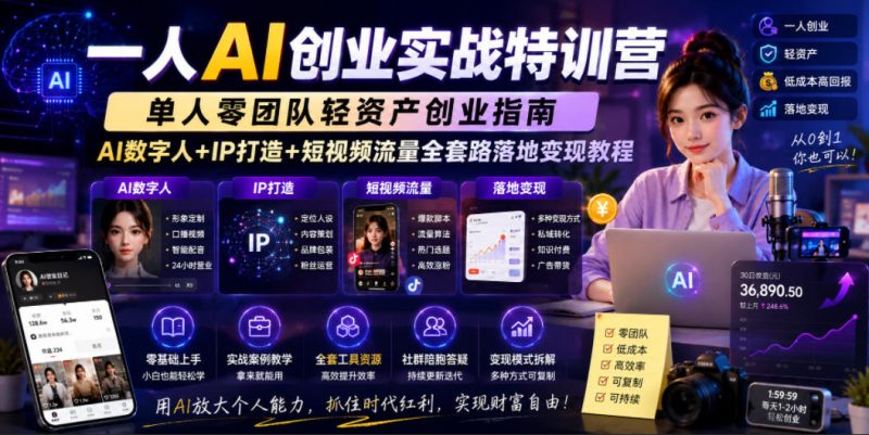 一人AI创业实战特训营,单人零团队轻资产创业指南,AI数字人+IP打造+短视频流量全套路落地变现教程-淘宝虚拟货源网