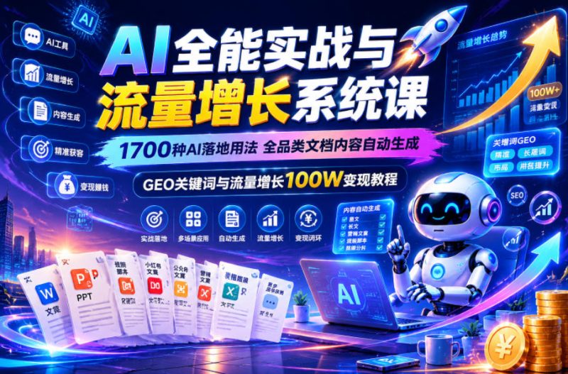 AI全能实战与流量增长系统课,1700种AI落地用法,全品类文档内容自动生成,GEO关键词与流量增长100W变现教程-淘宝虚拟货源网