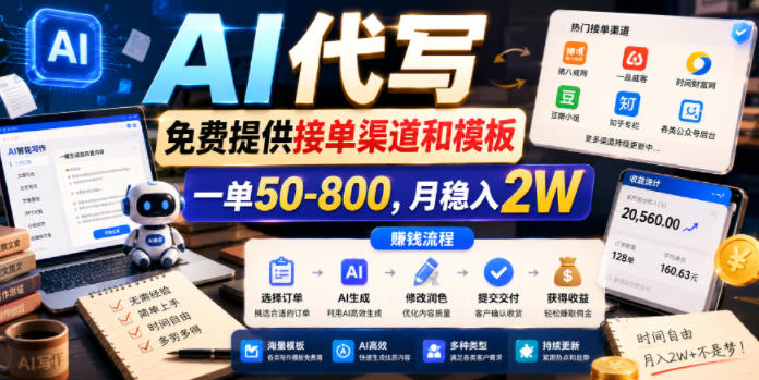 AI代写，免费提供接单渠道和模板，一单50-800，月稳入2W【揭秘】-淘宝虚拟货源网
