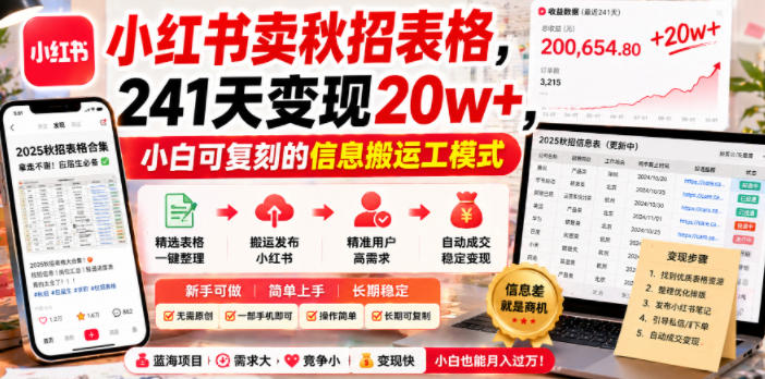 小红书卖秋招表格,241天变现20w+,小白可复刻的信息搬运工模式-淘宝虚拟货源网