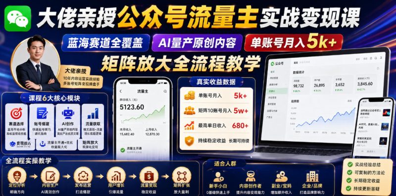 大佬亲授公众号流量主实战变现课,蓝海赛道全覆盖,AI量产原创内容,单账号月入5k+矩阵放大全流程教学-淘宝虚拟货源网
