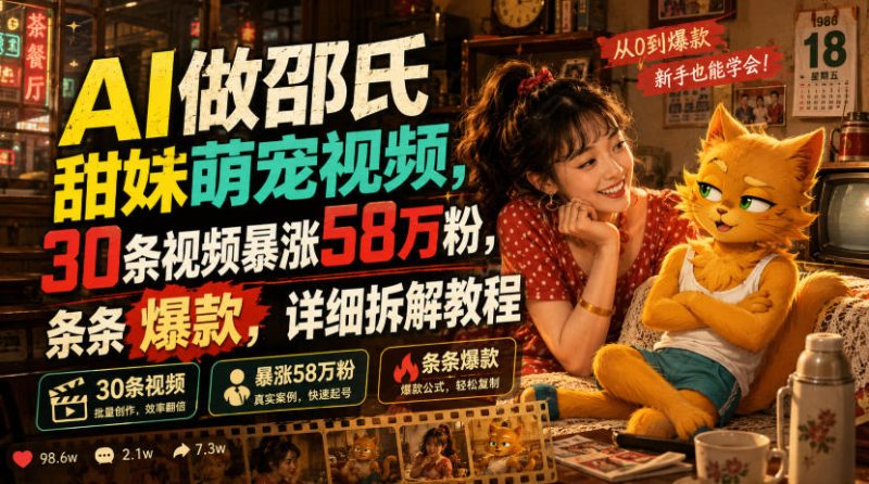 AI做邵氏甜妹萌宠视频，30条视频暴涨58万粉，条条爆款，详细拆解教程-淘宝虚拟货源网