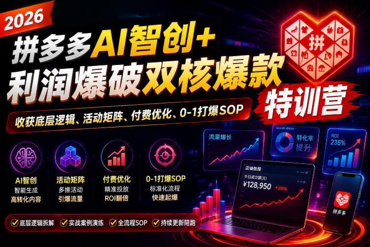 2026拼多多AI智创+利润爆破双核爆款特训营,收获底层逻辑、活动矩阵、付费优化、0-1打爆SOP-淘宝虚拟货源网