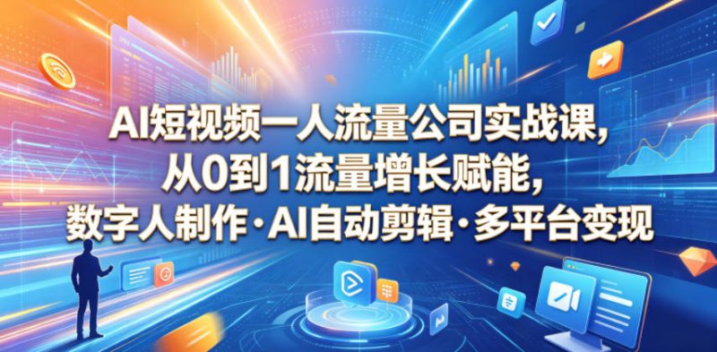 AI短视频一人流量公司实战课,从0到1流量增长赋能,数字人制作・AI自动剪辑・多平台变现,一人做流量生意全落地教程-淘宝虚拟货源网