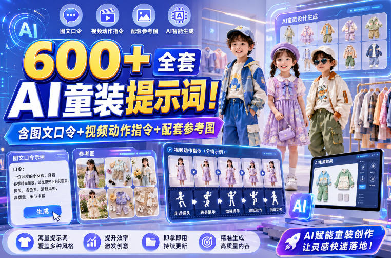600+全套AI童装提示词!含图文口令+视频动作指令+配套参考图,Word-Excel规整分类,童装电商、种草无脑量产内容!-淘宝虚拟货源网
