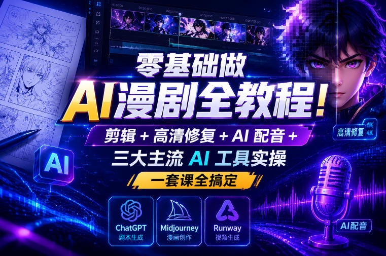零基础做AI漫剧全教程!剪辑+高清修复+AI配音+三大主流AI工具实操,一套课全搞定-淘宝虚拟货源网