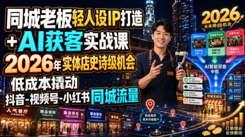 同城老板轻人设IP打造+AI获客实战课，2026年实体店史诗级机会，低成本撬动抖音-视频号-小红书同城流量-淘宝虚拟货源网
