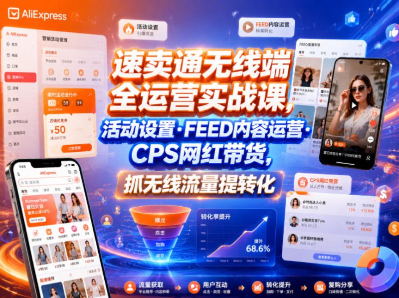 速卖通无线端全运营实战课,活动设置・FEED内容运营・CPS网红带货,抓无线流量提转化-淘宝虚拟货源网