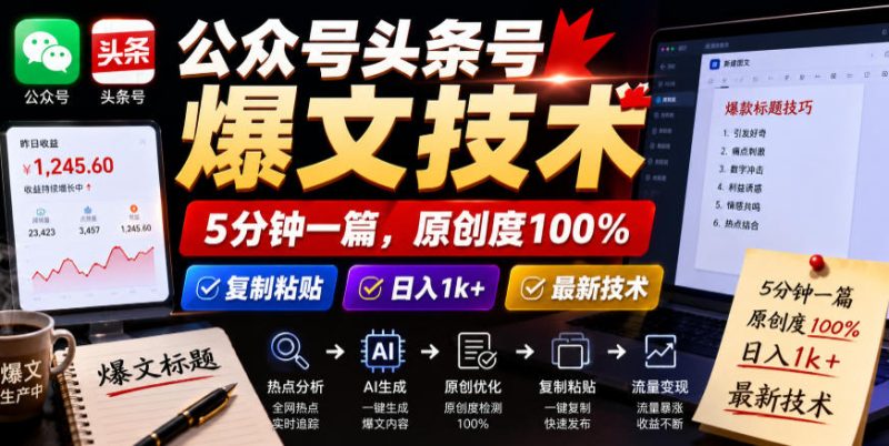 公众号头条号爆文技术，5分钟一篇，原创度100%，复制粘贴，日入1k+，最新技术【揭秘】-淘宝虚拟货源网