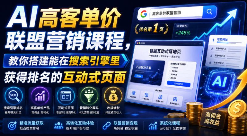 AI高客单价联盟营销课程,教你搭建能在搜索引擎里获得排名的互动式页面,引来流量,把访客转化为高佣金的成交【原创双语字幕】-淘宝虚拟货源网