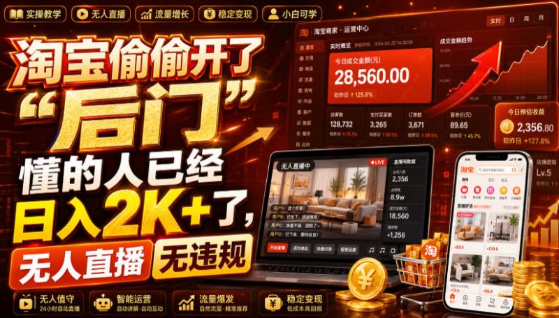淘宝偷偷开了“后门”,懂的人已经日入2K+了,无人直播无违规,一台电脑=一家24小时营业的线上门店【揭秘】-淘宝虚拟货源网