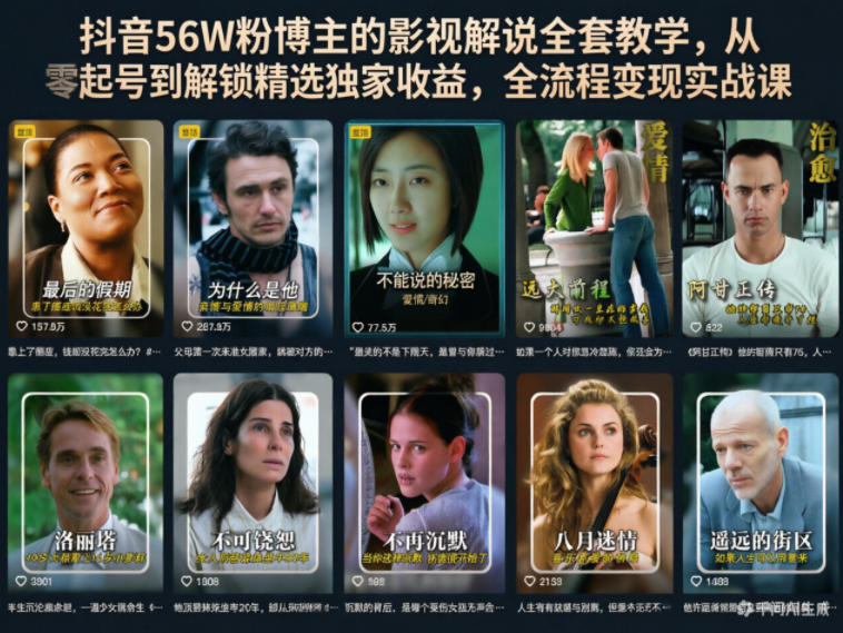 抖音56W粉博主的影视解说全套教学,从零起号到解锁精选独家收益,全流程变现实战课-淘宝虚拟货源网