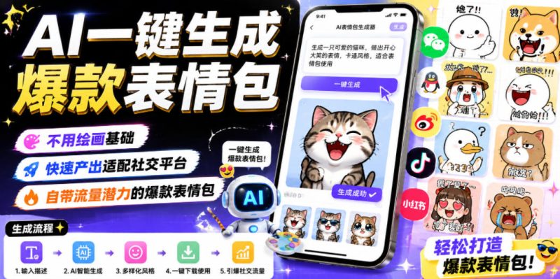 AI一键生成爆款表情包，不用绘画基础，快速产出适配社交平台，自带流量潜力的爆款表情包-淘宝虚拟货源网