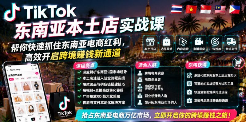 TikTok东南亚本土店实战课,帮你快速抓住东南亚电商红利,高效开启跨境賺钱新通道-淘宝虚拟货源网