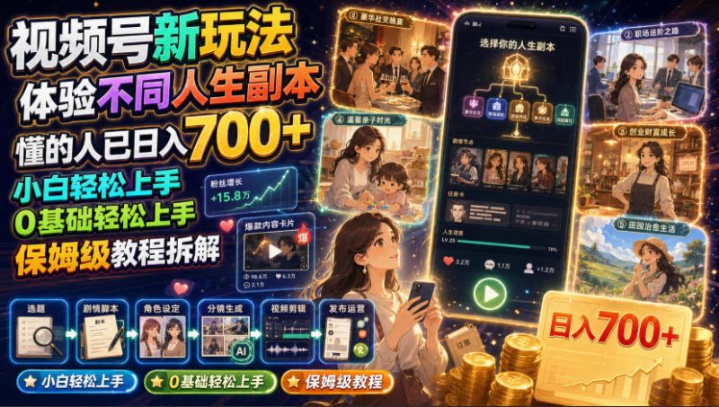 视频号新玩法体验不同人生副本,懂的人已日入700+,小白轻松上手,0基础轻松上手,保姆级教程拆解-淘宝虚拟货源网