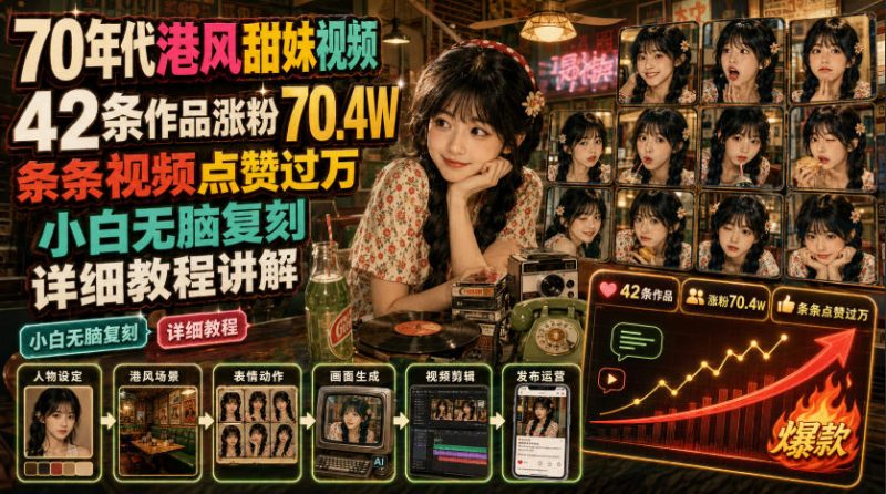 70年代港风甜妹视频，42条作品涨粉70.4W，条条视频点赞过万，小白无脑复刻，详细教程讲解-淘宝虚拟货源网