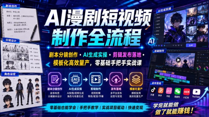 AI漫剧短视频制作全流程｜剧本分镜创作・AI生成实操・剪辑发布落地・模板化高效量产，零基础手把手实战课-淘宝虚拟货源网
