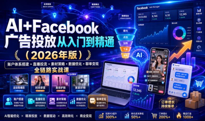 AI+Facebook广告投放从入门到精通(2026年版)|账户体系搭建・直播投流・素材策略・数据优化・聊单变现全链路实战课-淘宝虚拟货源网