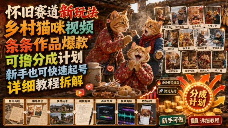 怀旧赛道新玩法,乡村猫咪视频,条条作品爆款,可撸分成计划,新手也可快速起号,详细教程拆解-淘宝虚拟货源网