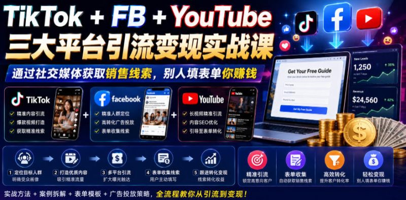 TikTok+FB+YouTube三大平台引流变现实战课,通过社交媒体获取销售线索,别人填表单你賺钱【原创双语字幕】-淘宝虚拟货源网