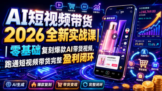 AI短视频带货2026全新实战课|零基础复刻爆款AI带货视频,跑通短视频带货完整盈利闭环-淘宝虚拟货源网