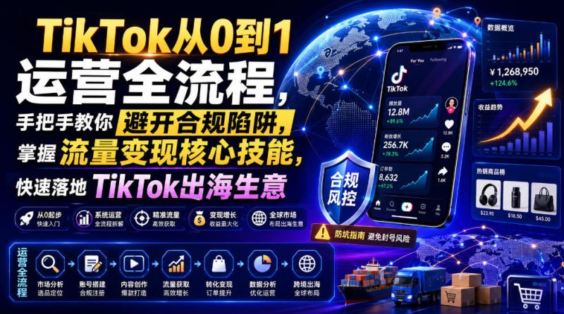 TikTok从0到1运营全流程,手把手教你避开合规陷阱,掌握流量变现核心技能,快速落地TikTok出海生意(更新7月)-淘宝虚拟货源网