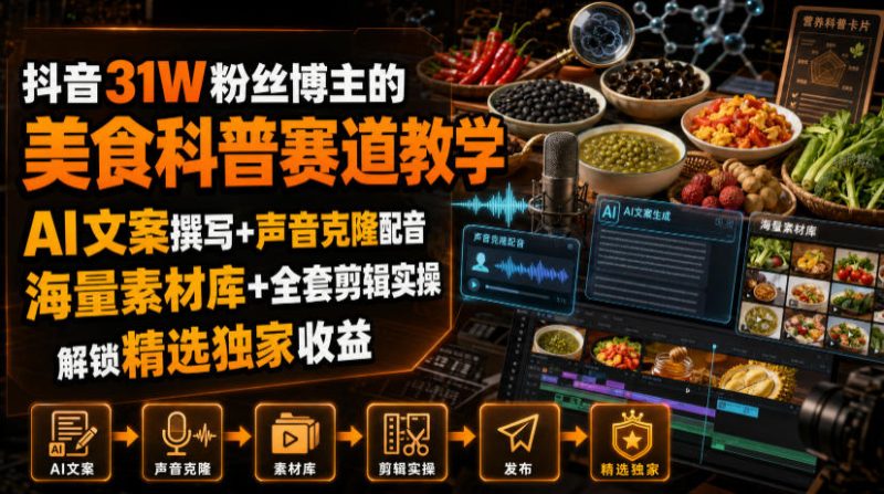 抖音31W粉丝博主的美食科普赛道教学,AI文案撰写+声音克隆配音+剪辑实操,解锁精选独家收益-淘宝虚拟货源网