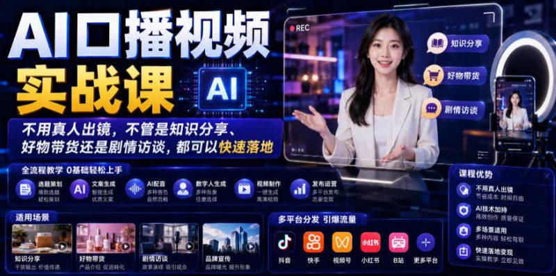AI口播视频实战课，不用真人出镜，不管是知识分享、好物带货还是剧情访谈，都可以快速落地-淘宝虚拟货源网