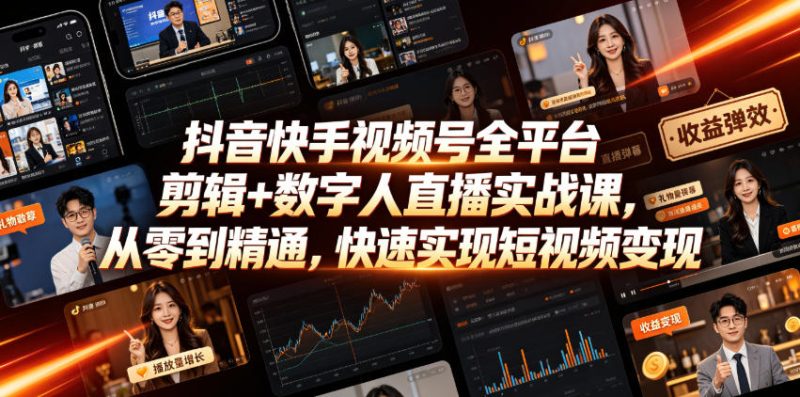 抖音快手视频号全平台剪辑+数字人直播实战课，从零到精通，快速实现短视频变现(更新2026年6月)​-淘宝虚拟货源网