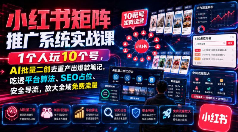 小红书矩阵推广系统实战课|1个人玩10个号,AI批量二创去重产出爆款笔记,吃透平台算法、SEO占位、安全导流,放大全域免费流量-淘宝虚拟货源网