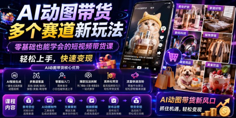AI动图带货多个赛道新玩法,零基础也能学会的短视频带货课,轻松上手,快速变现-淘宝虚拟货源网