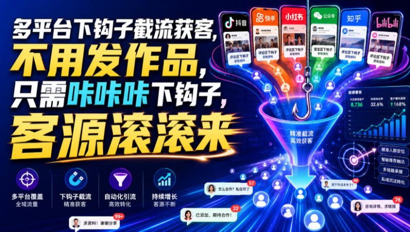 多平台下钩子截流获客，不用发作品，只需咔咔咔下钩子，客源滚滚来-淘宝虚拟货源网