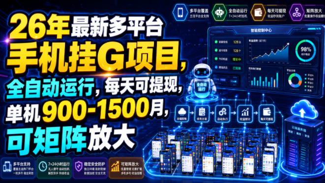 26年最新多平台手机挂G项目,全自动运行,每天可提现,单机900-1500月,可矩阵放大【揭秘】-淘宝虚拟货源网